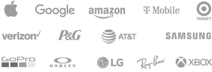 Enterprise clients: Apple, Google, Amazon, T-Mobile, Target, Verizon, P&G, AT&T, Samsung, GoPro, Oakley, LG, Ray-Ban, Xbox